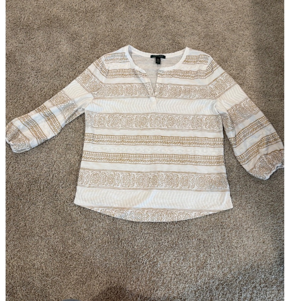 Lauren Ralph Lauren White Gold Metallic Block Print Split Neck Top Large